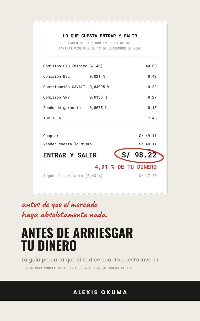 Portada de «Antes de arriesgar tu dinero», de Alexis Okuma: una boleta de Rueda de BVL donde una orden de S/ 2,000 cuesta S/ 98.22 entrar y salir.
